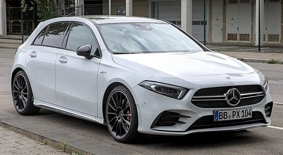 White Mercedes-AMG A 35 hatchback, three-quarter front view