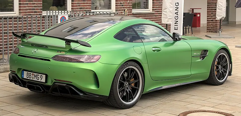 Green Mercedes-AMG GT R, three-quarter front view