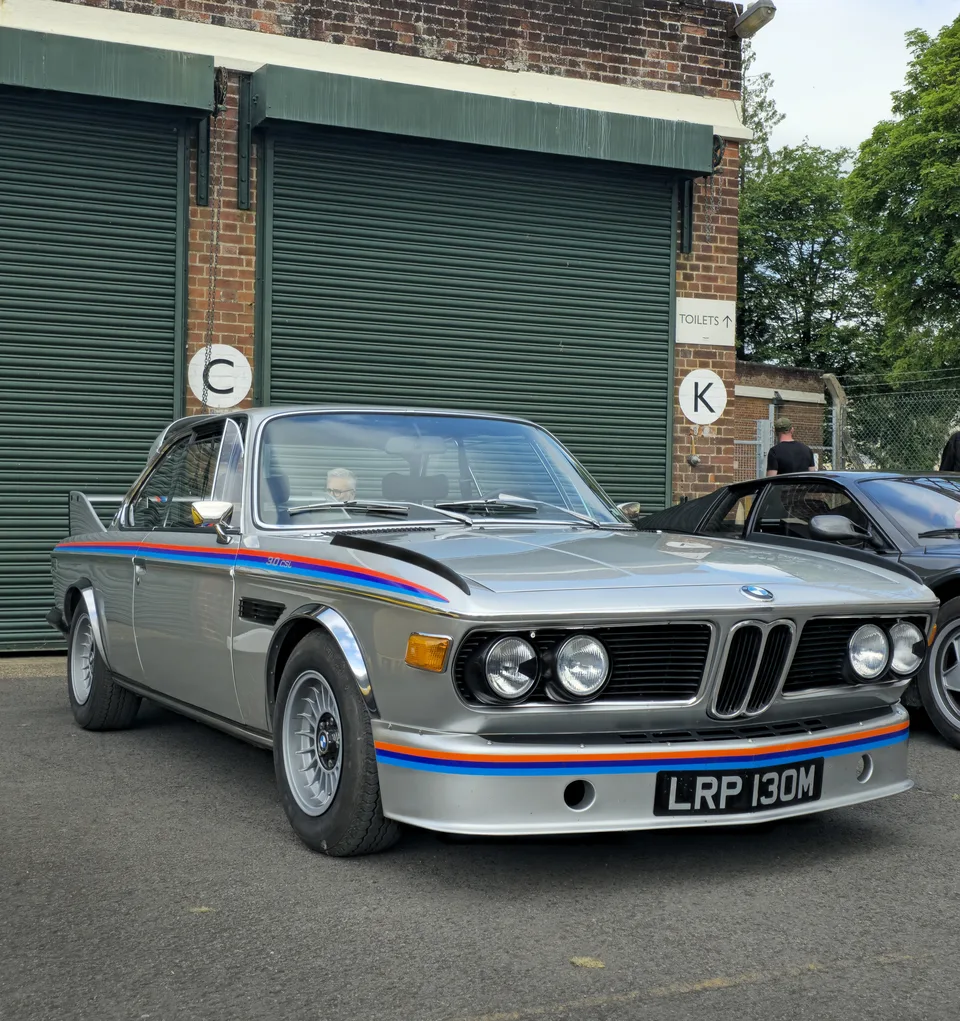 Silver BMW 3.0 CSL, three-quarter front view