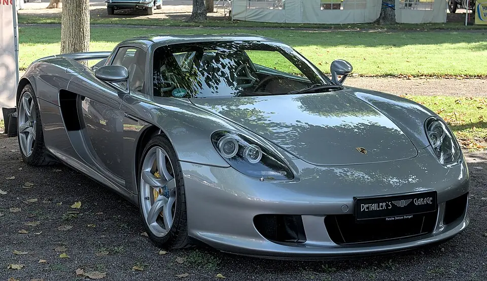 Silver Porsche Carrera GT, three-quarter front view