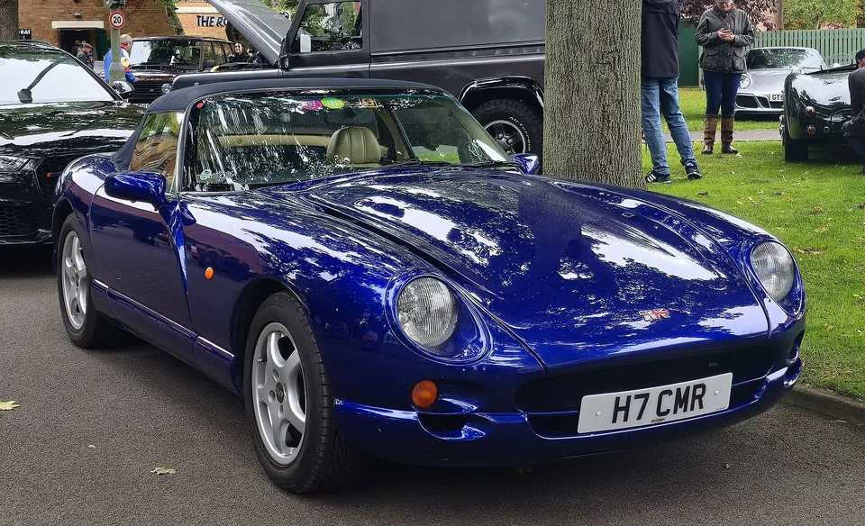 Blue TVR Chimaera roadster, front three-quarter view