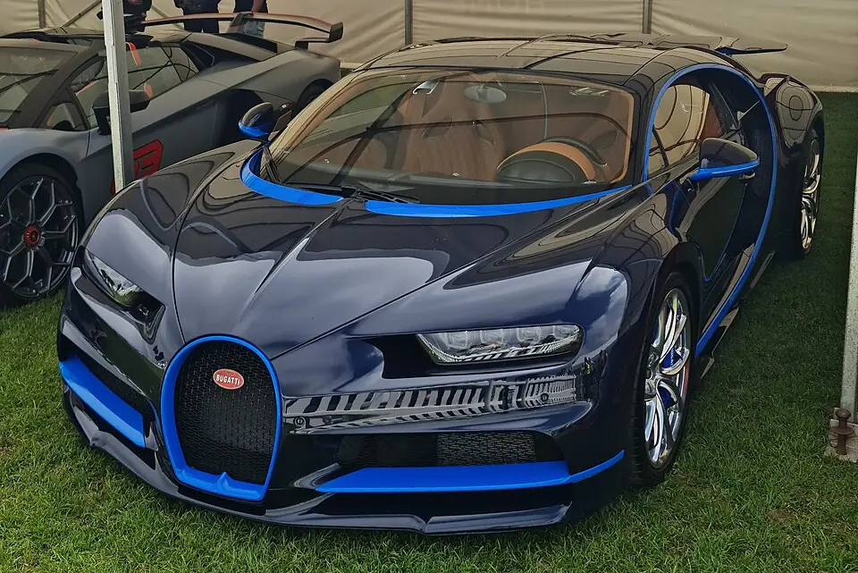 Blue and black Bugatti Chiron, three-quarter front view