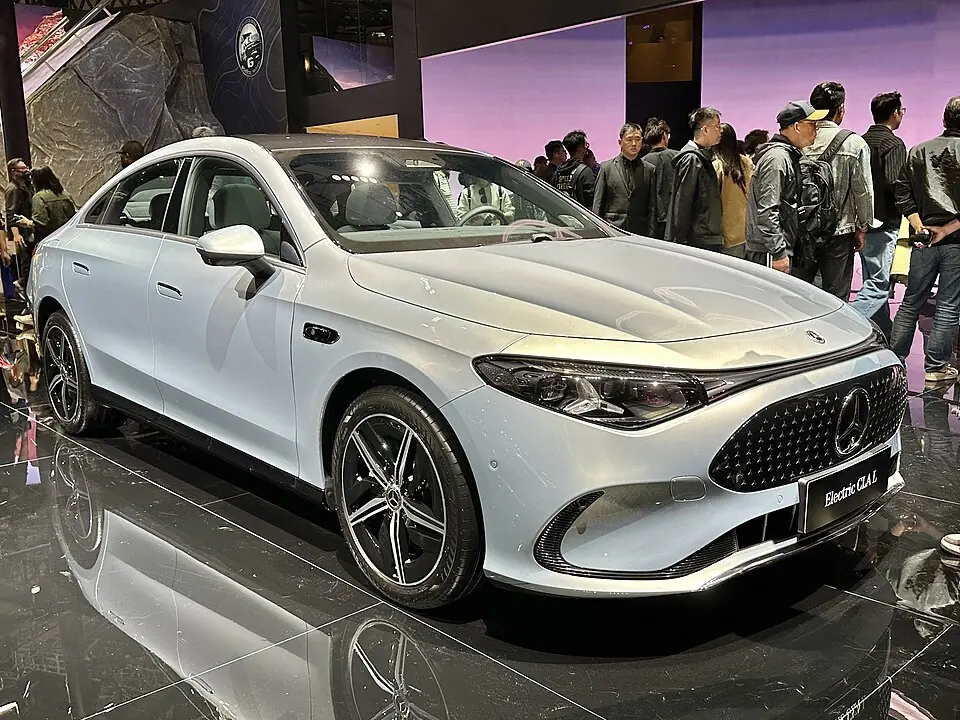 Silver Mercedes-Benz electric CLA (C174), three-quarter front view