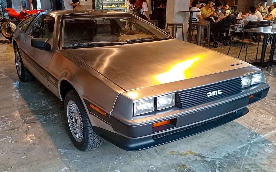 Stainless steel DeLorean DMC-12, three-quarter front view