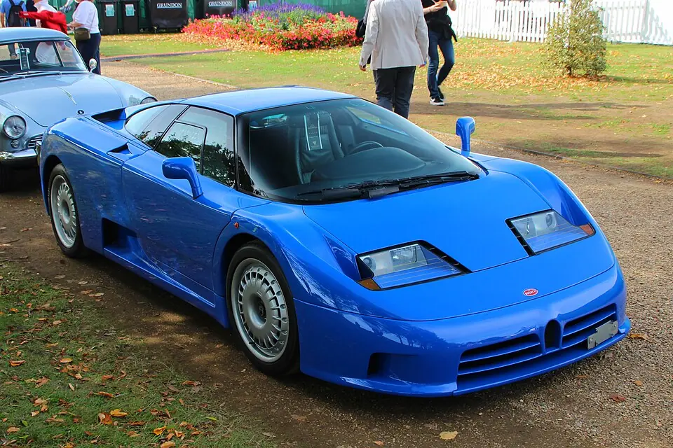 Blue Bugatti EB110, three-quarter front view