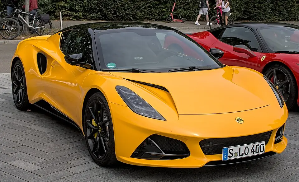 Yellow Lotus Emira, three-quarter front view