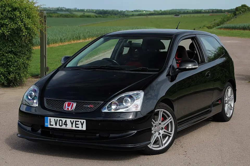 Black Honda Civic Type R (EP3), three-quarter front view