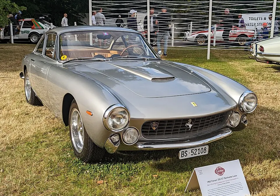 Silver Ferrari 250 GT Lusso, three-quarter front view
