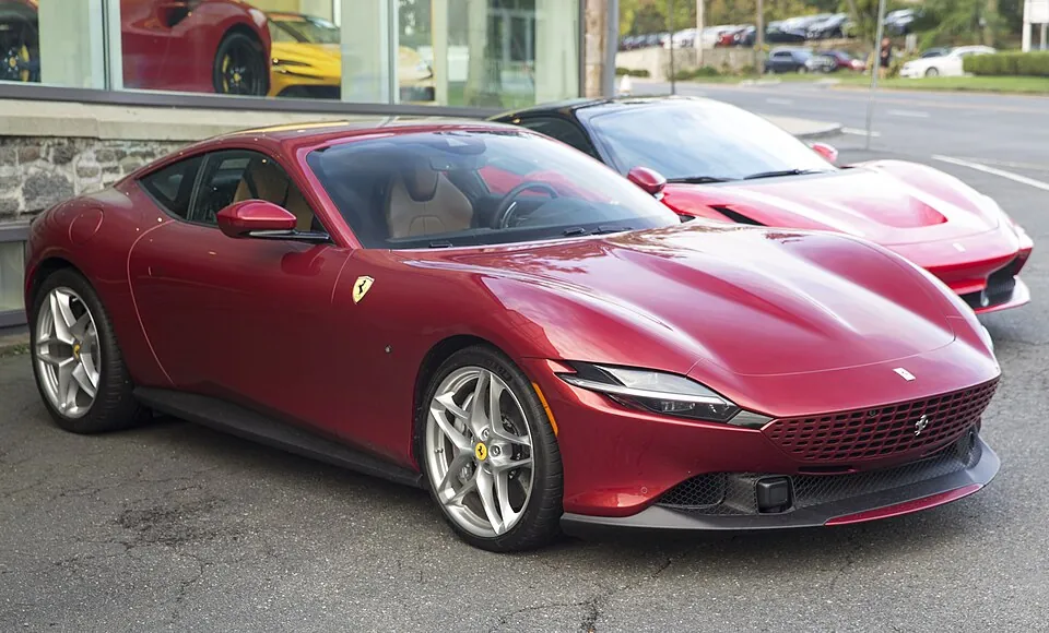 Red Ferrari Roma, three-quarter front view
