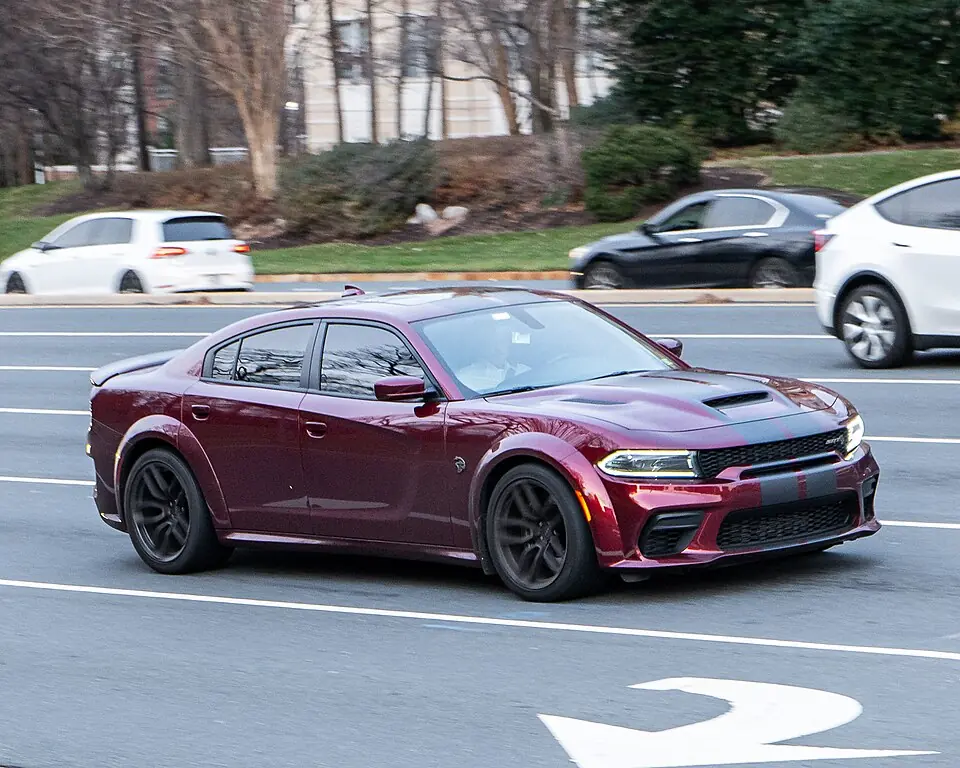 Grey Dodge Charger SRT Hellcat, three-quarter front view