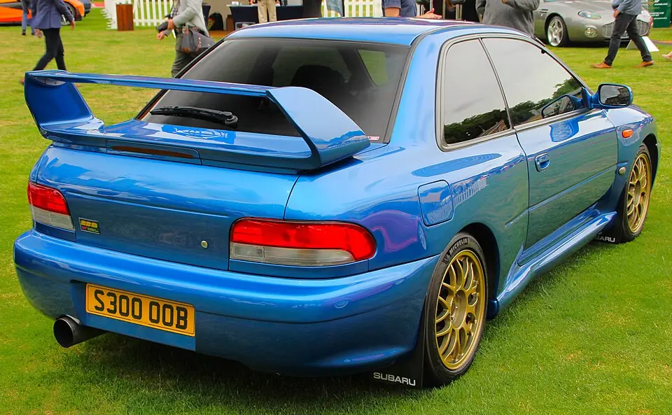 Blue Subaru Impreza 22B STi, rear three-quarter view