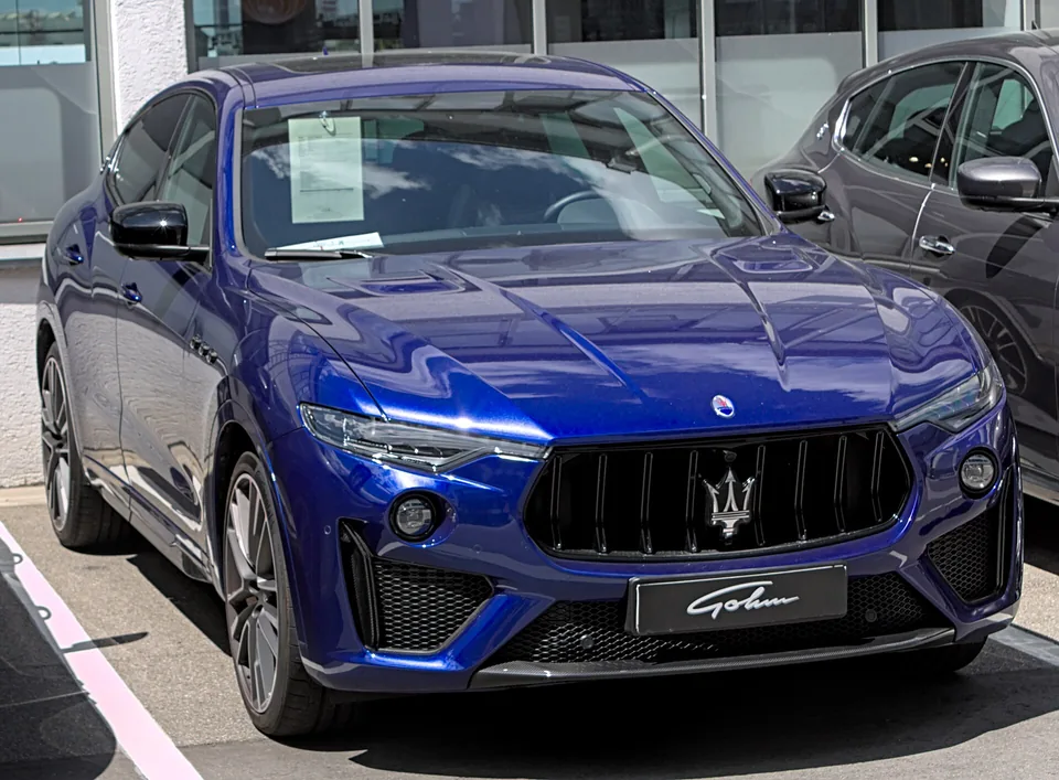 Blue Maserati Levante Trofeo, three-quarter front view