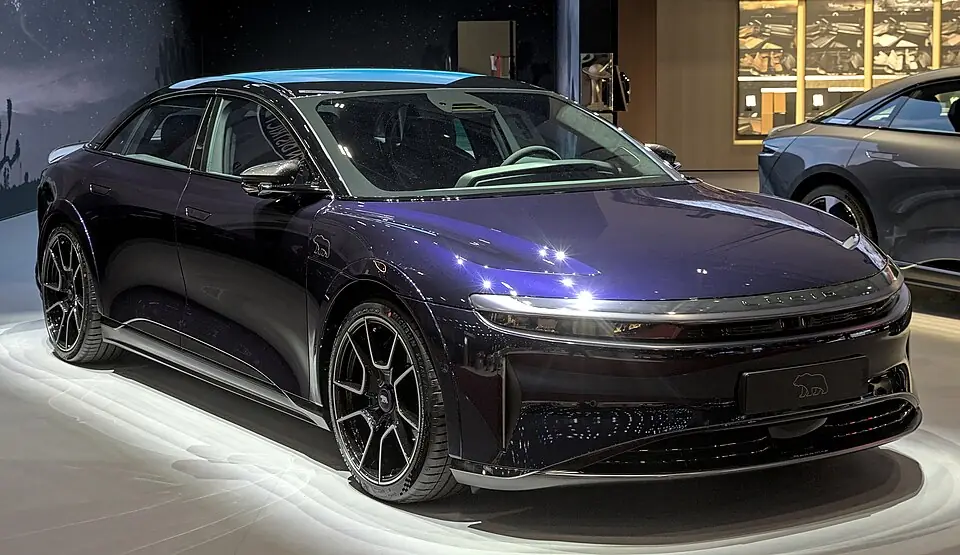 Blue Lucid Air Sapphire, three-quarter front view
