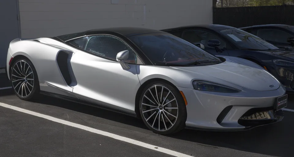 Silver McLaren GT, three-quarter front view
