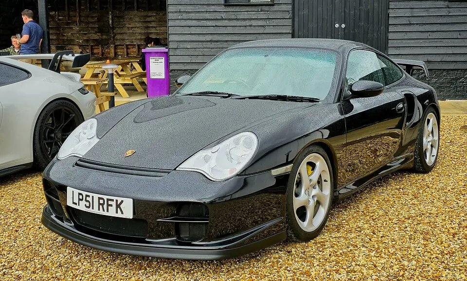 Black Porsche 911 GT2 (996), three-quarter front view