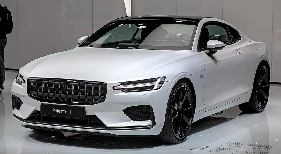 White Polestar 1 on a motor-show stand, front three-quarter view