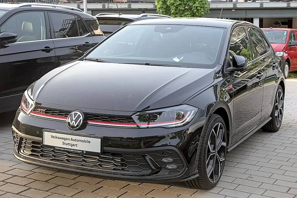 Black Volkswagen Polo GTI, three-quarter front view