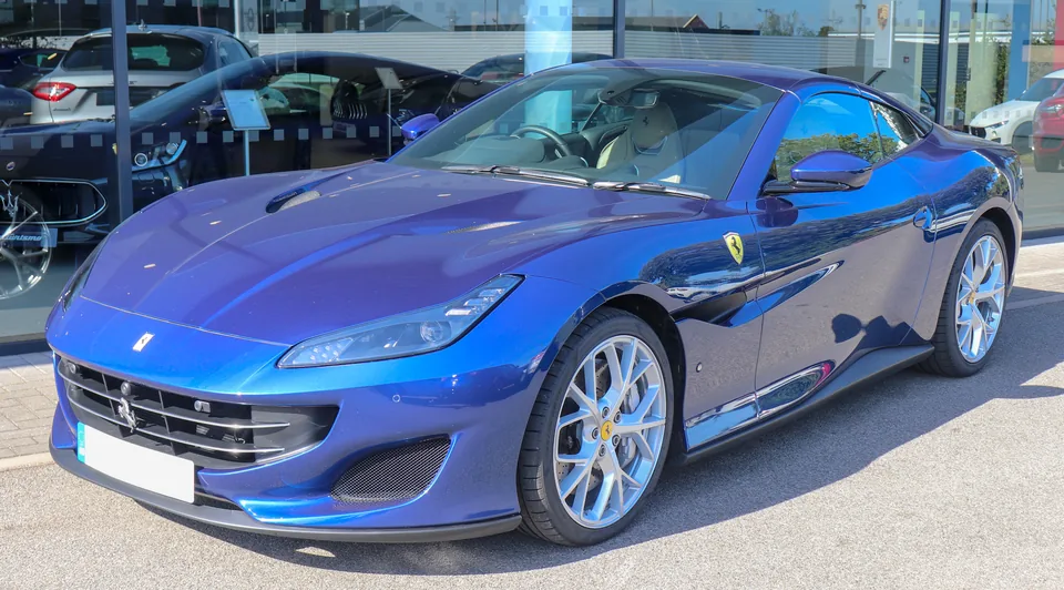 Blue Ferrari Portofino, three-quarter front view