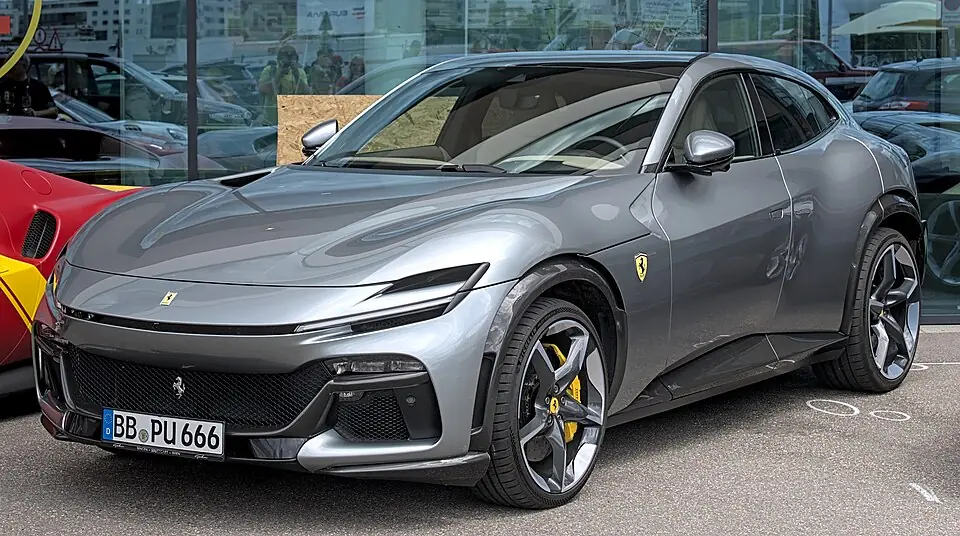 Grey Ferrari Purosangue, three-quarter front view