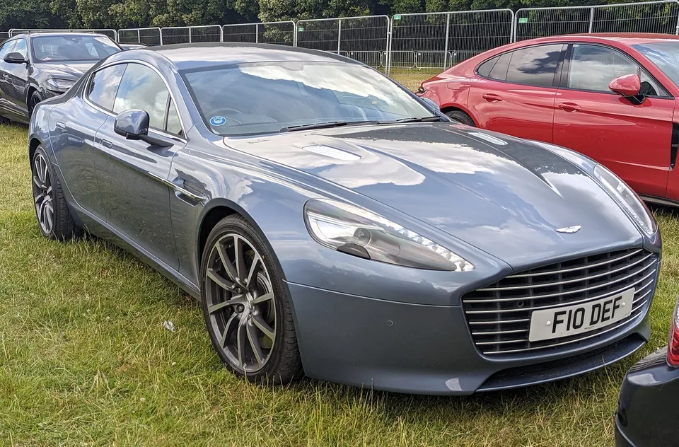 Grey Aston Martin Rapide, front three-quarter view