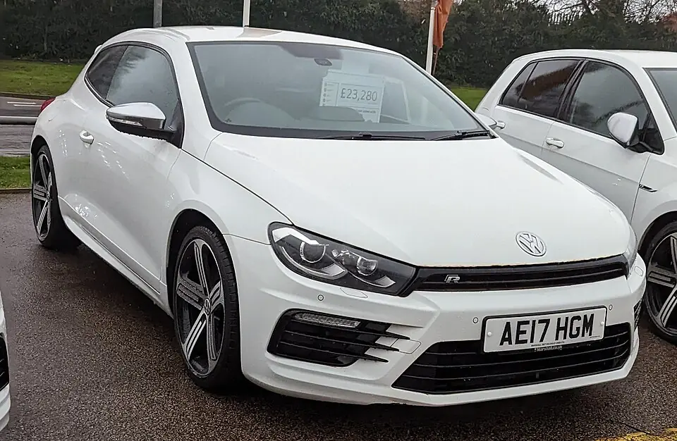 White Volkswagen Scirocco R, three-quarter front view