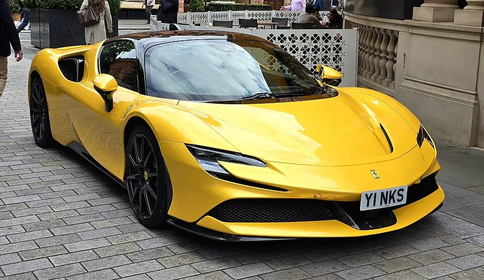 Yellow Ferrari SF90 Stradale, three-quarter front view