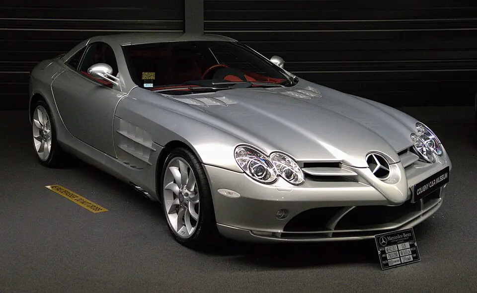 Silver Mercedes-Benz SLR McLaren, front view