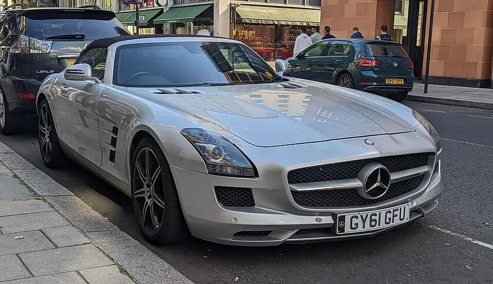 Silver Mercedes-Benz SLS AMG Roadster, three-quarter front view