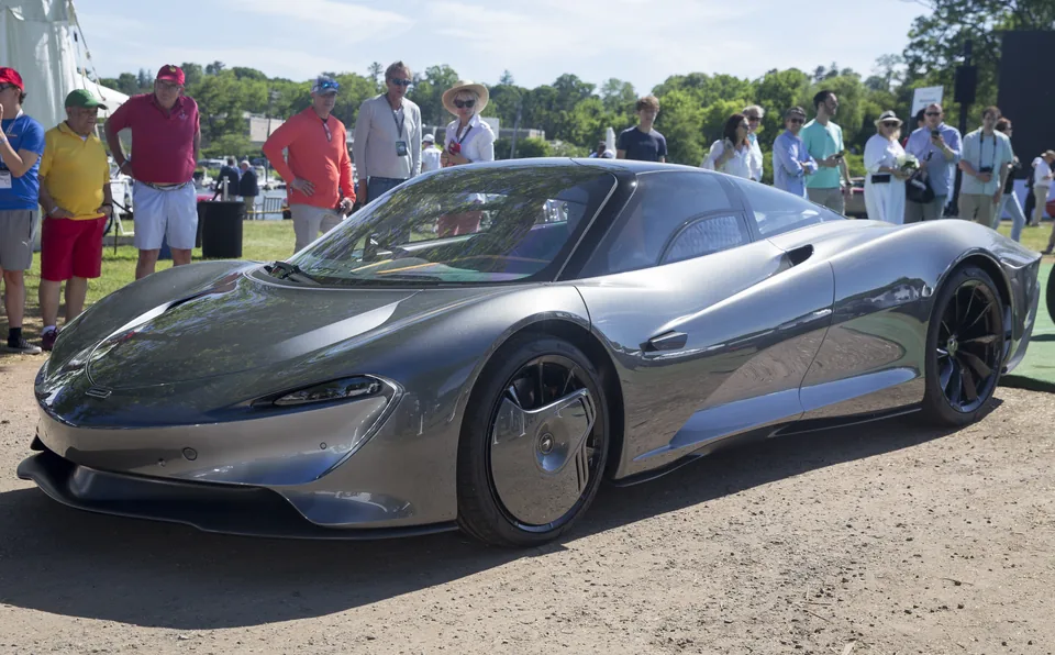 Grey McLaren Speedtail, three-quarter front view