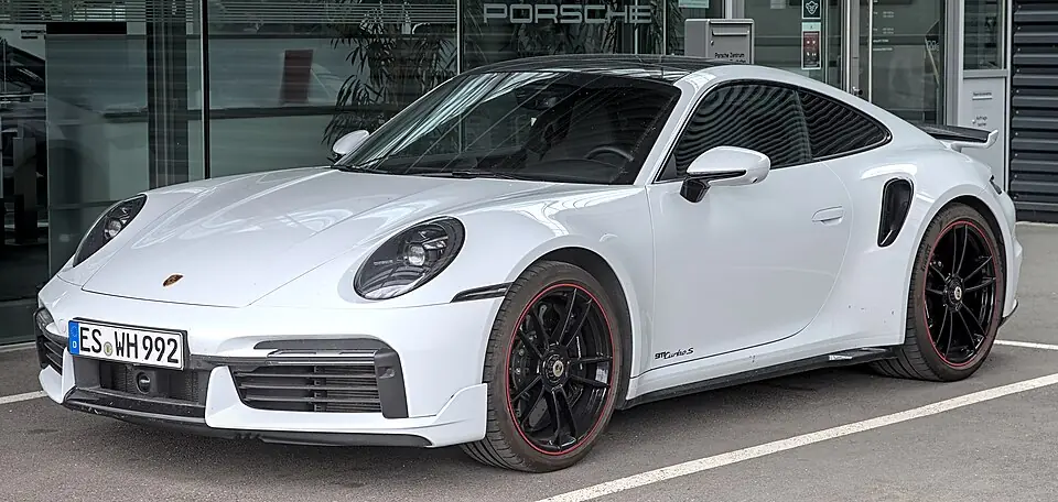 White Porsche 911 Turbo S (992), three-quarter front view
