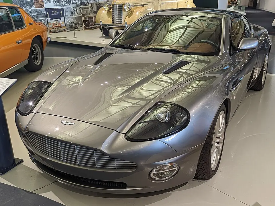 Silver Aston Martin Vanquish, three-quarter front view